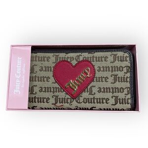 Juicy Couture Wallet Cross My Heart Zip Around Clutch Beige/Red NWT